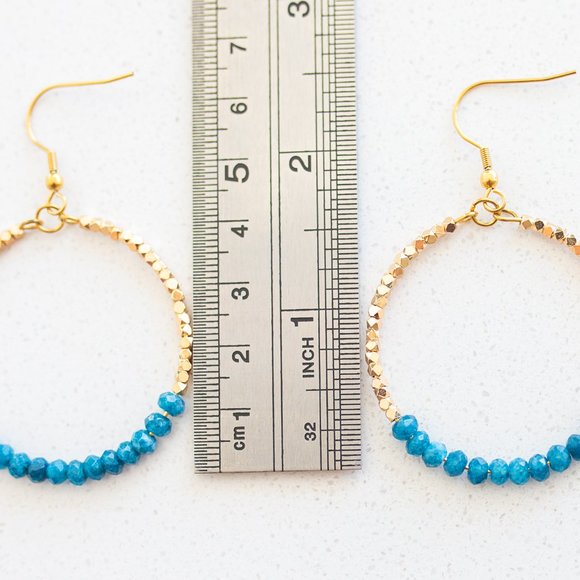 Blue Apatite Sparkly Gold Hoop Earrings Fun dangle party earrings gift for her - Picture 6 of 10